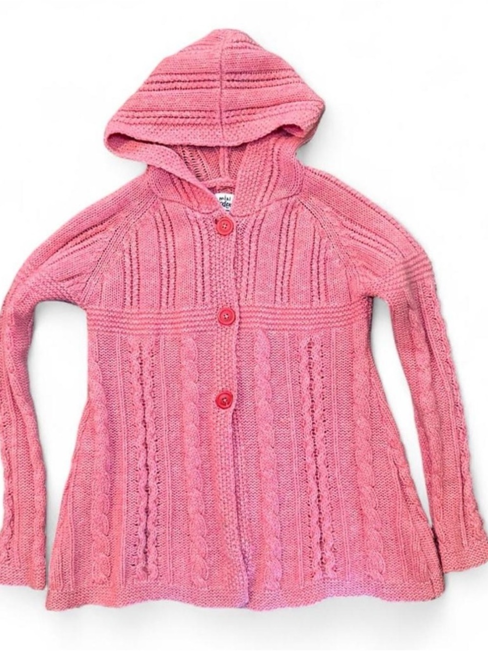 Mini Boden Hooded Cardigan Pink Cable Knit Lambswool 7/8 years
